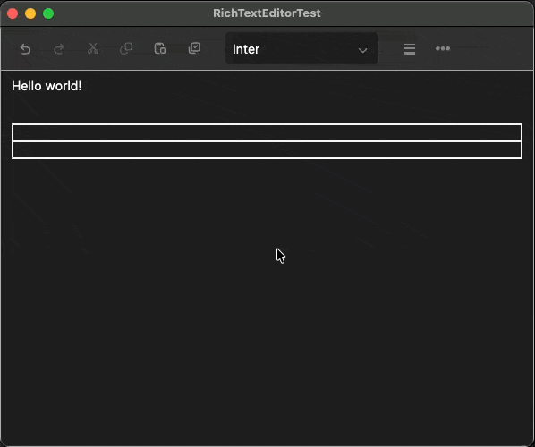 Animation showing toolbar groups appearing and disappearing as the caret moves between body text, a list, and a table.