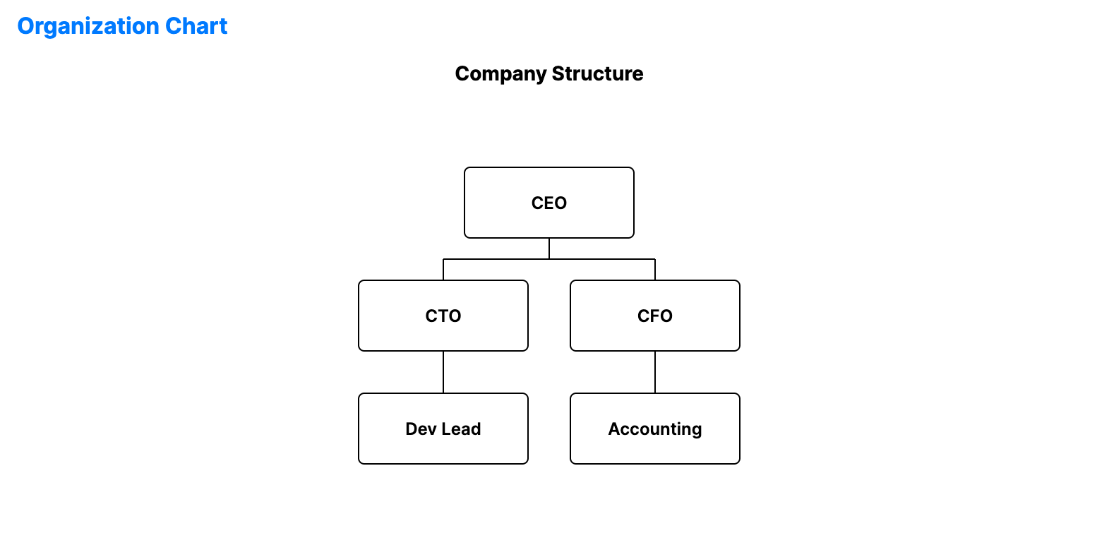 Organization chart with a top-level CEO node branching down to department heads showing reporting relationships.