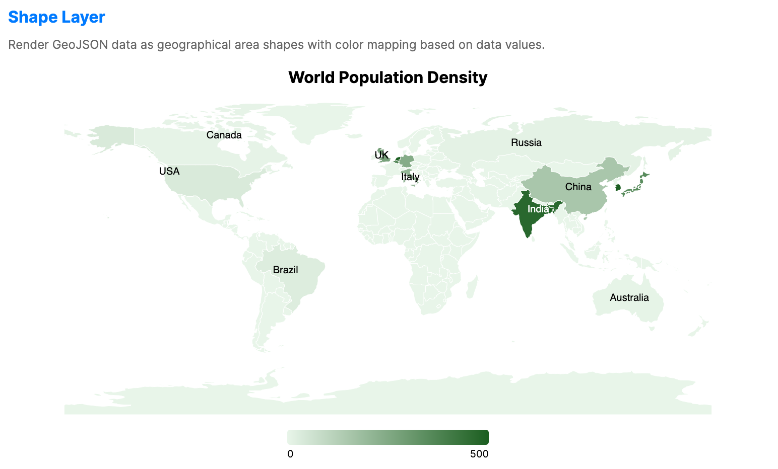 Choropleth map shading geographic regions in varying color intensities to represent population density.
