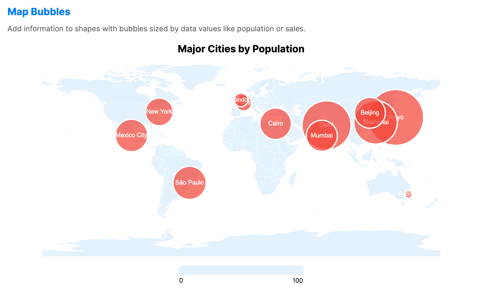 Bubble map overlaying circles of varying sizes on geographic regions to represent city activity levels.