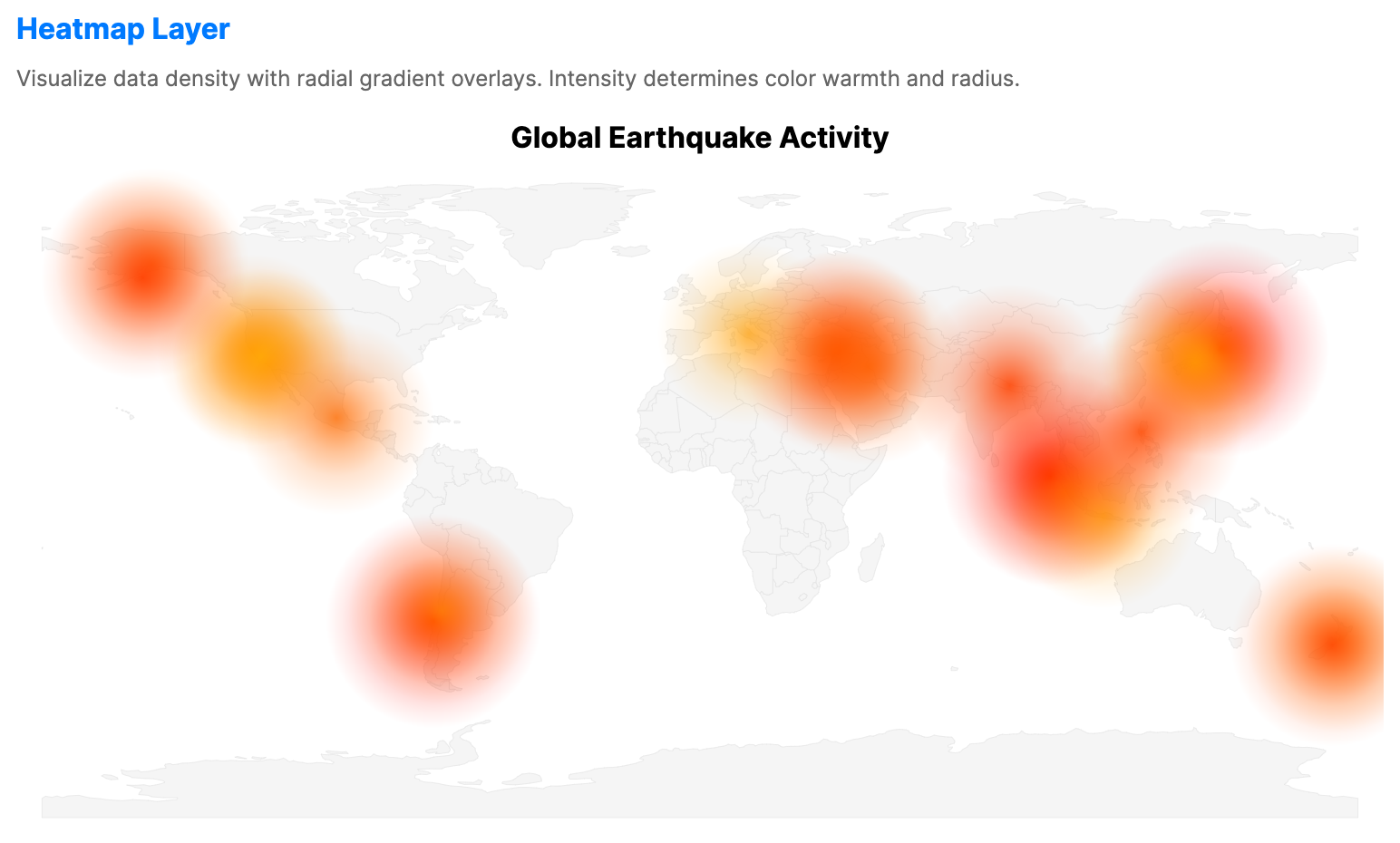 Geographic heatmap using a color gradient to show data density hot spots and concentration areas across regions.
