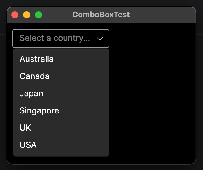 A screenshot of an app with an open dropdown menu, in which several country names are listed.