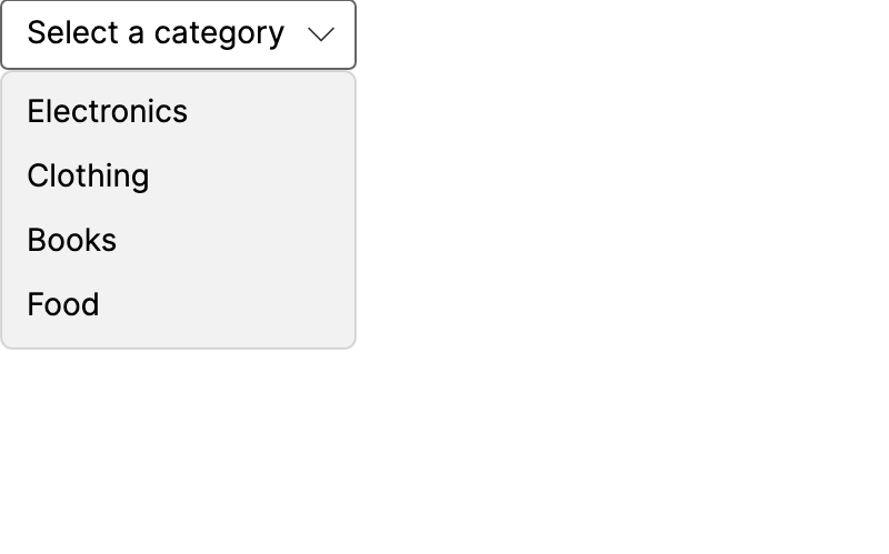 Open ComboBox showing a list of four items defined in the view model.