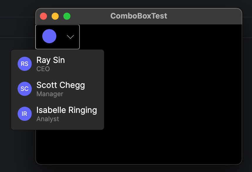 A screenshot of an app with an open dropdown menu, in which users are listed with their initials in a profile disc next to their names and job titles.