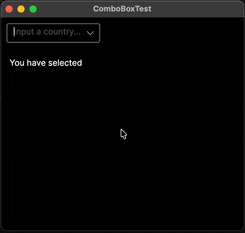 A short animation displaying items from the combo box being selected by text input or clicking the dropdown list.