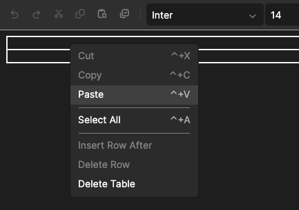 A custom context menu with clipboard commands and context-sensitive table operations.