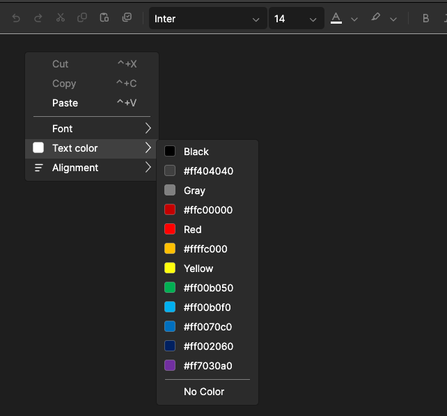 A custom context menu with specialized submenus for font family, text color, and alignment.