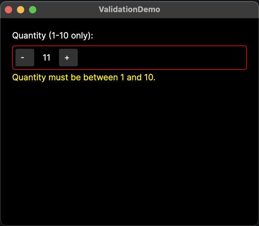A numeric selector showing the number 11. The selector is highlighted in yellow and a text error message is shown underneath.