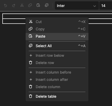 The default right-click context menu with Cut, Copy, Paste, Select All, and table operations.