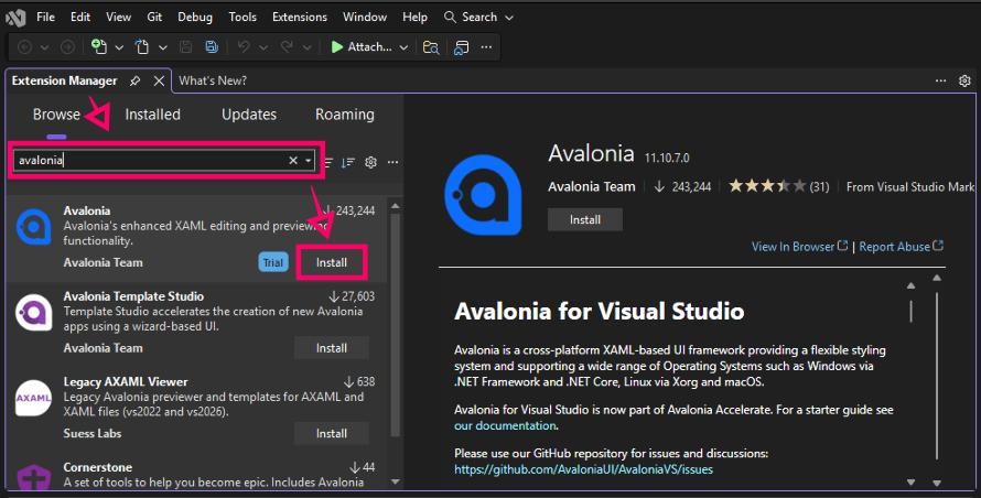 A screenshot displaying how to download the Avalonia extension in Visual Studio.