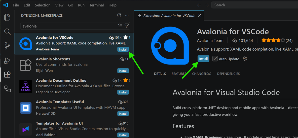 A screenshot displaying how to download the Avalonia extension in Visual Studio Code.