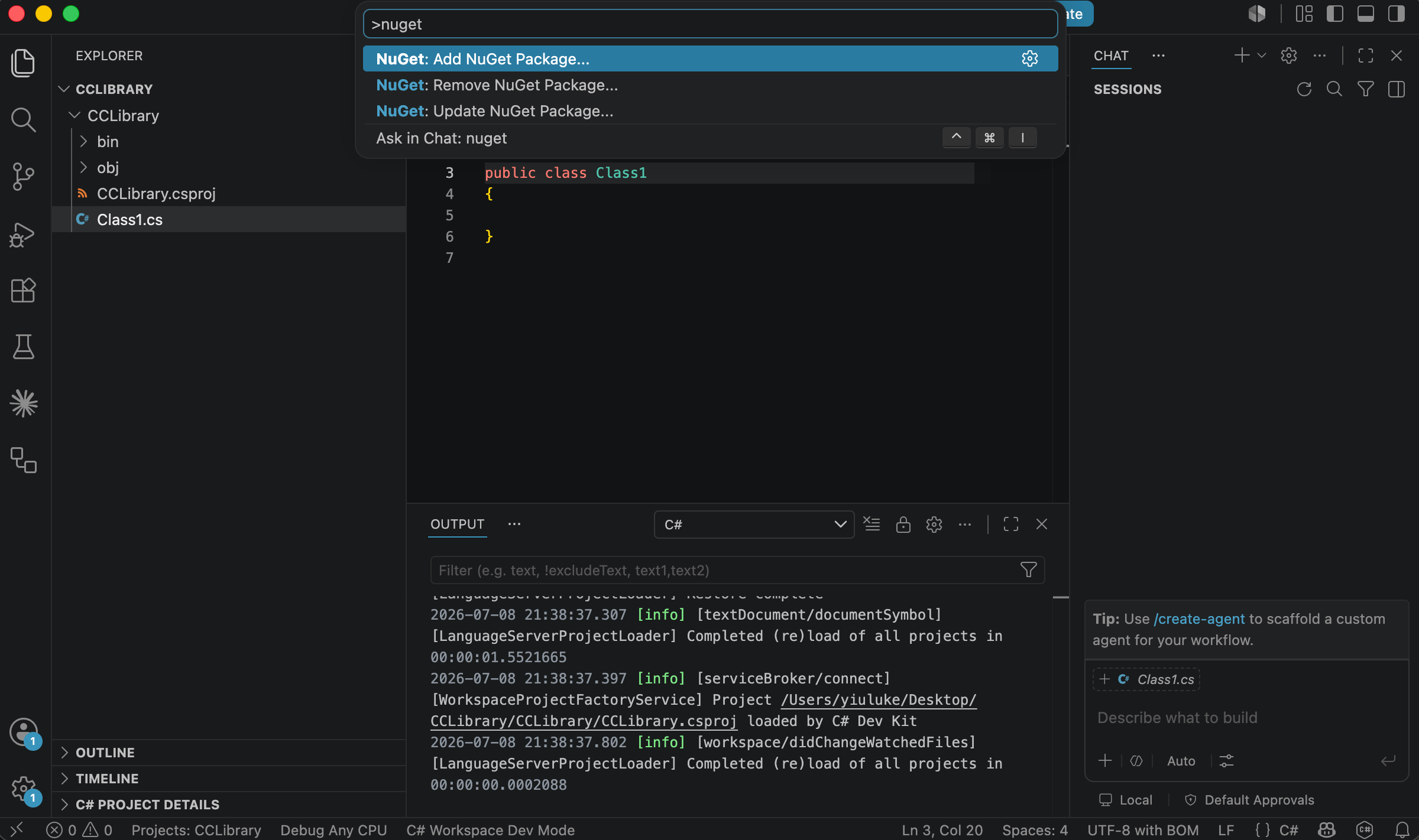 A screenshot demonstrating how to install the Avalonia NuGet package in Visual Studio Code.
