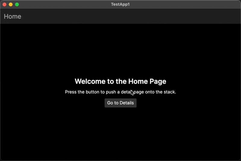 Animation showing a home page with a navigation bar; clicking 'Go to Details' slides to a detail page with Refresh and Share command buttons in the navigation bar