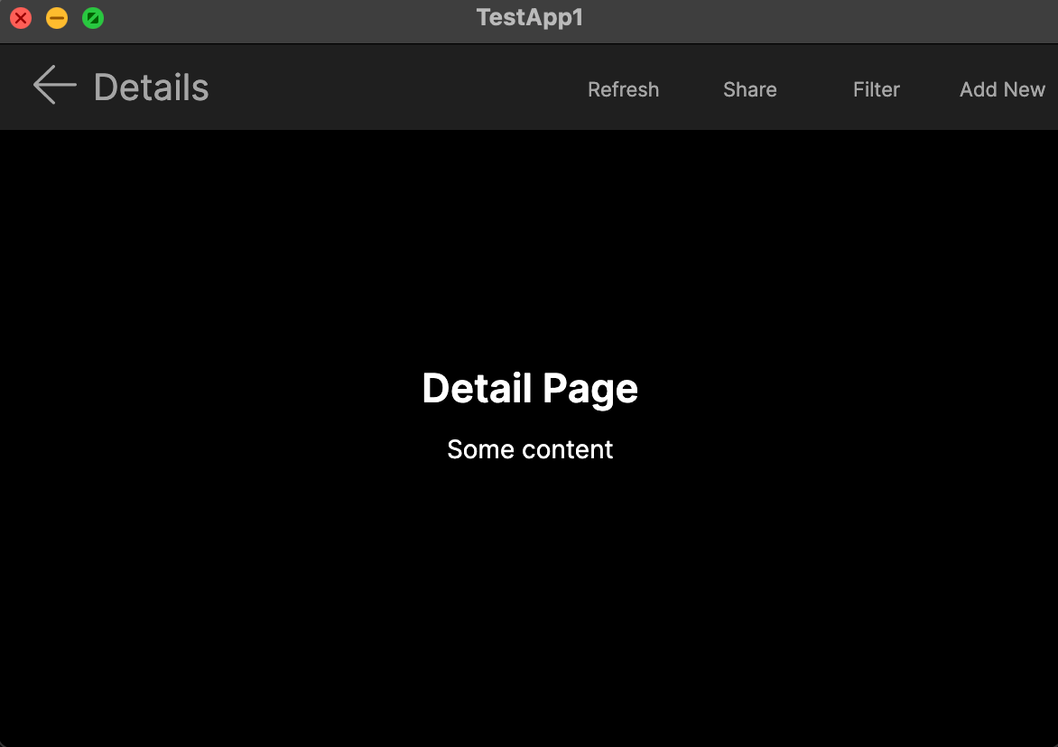 A navigation bar with a back button, 'Details' title, and a top command bar containing Refresh, Share, Filter, and Add New buttons on the right