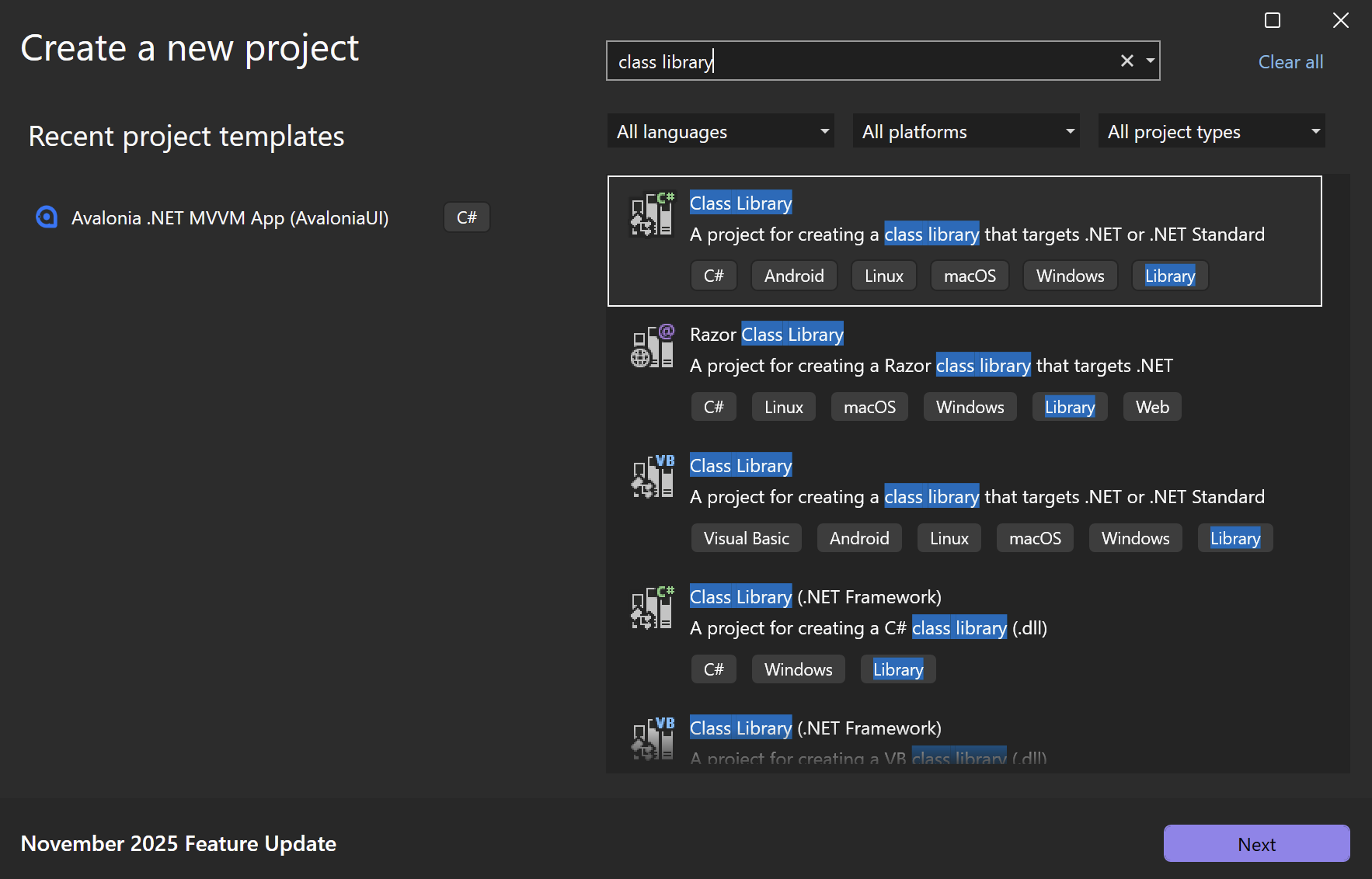 A screenshot of the new project menu in Visual Studio.