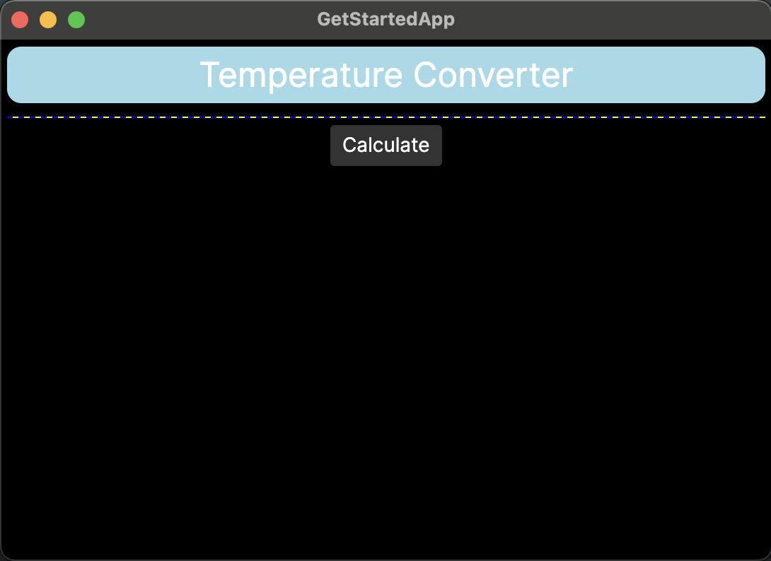 A screenshot showing a work-in-progress app, with a title, a dotted line, and a button.