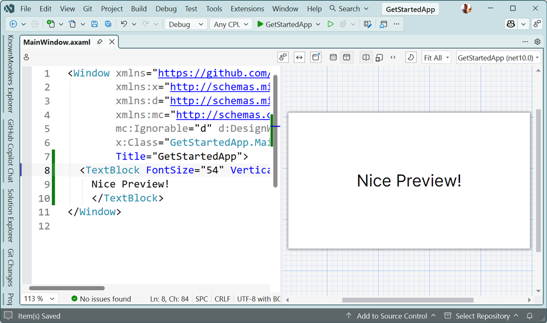 A screenshot demonstrating a test of the Avalonia XAML previewer.