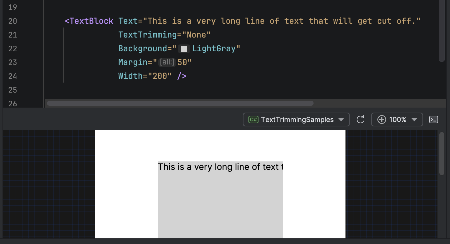 A screenshot of an IDE, displaying a long line of text in a box that is abruptly cut off.