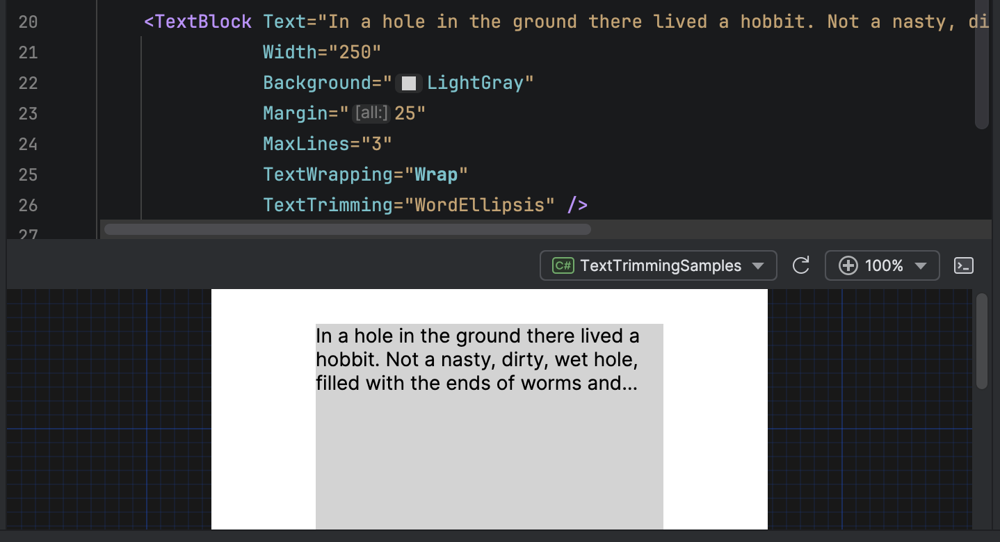 A screenshot of an IDE, displaying a long line of text in a box that wraps within the box for three lines, before being cut off with an ellipsis added.