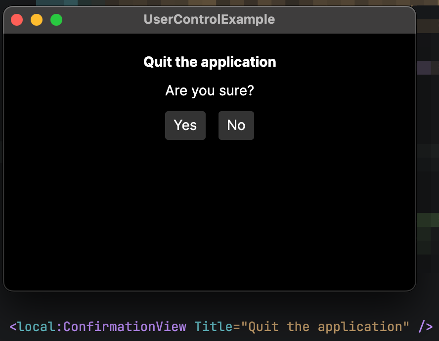 An app window displaying the title text 'Quit the application', which is shown next to the same text coded in a XAML file.