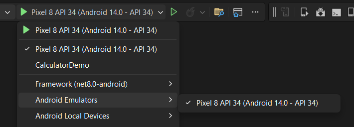 VS Android emulators selector