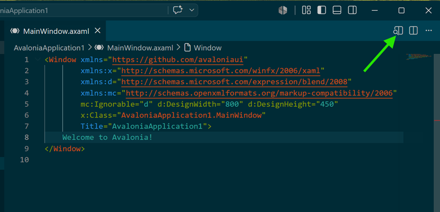 A screenshot highlighting which button enables XAML preview in Visual Studio Code.
