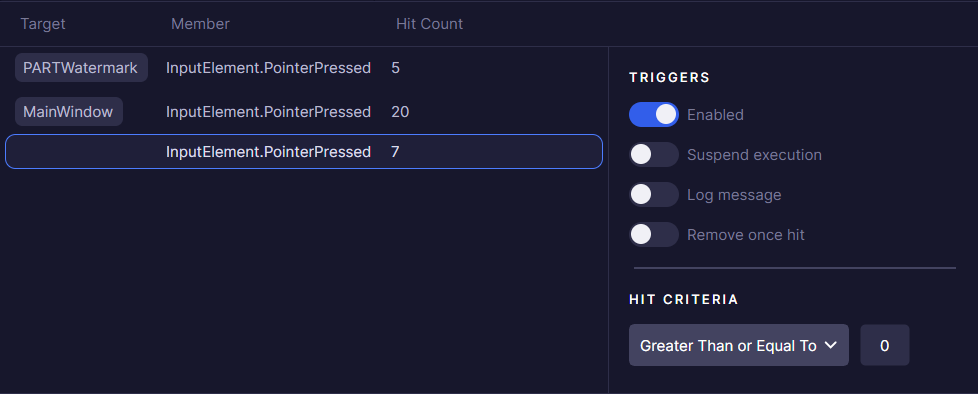 List of breakpoints with options panel