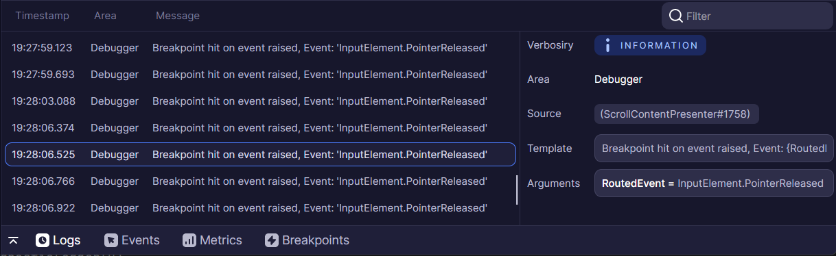 Log output from triggered breakpoints