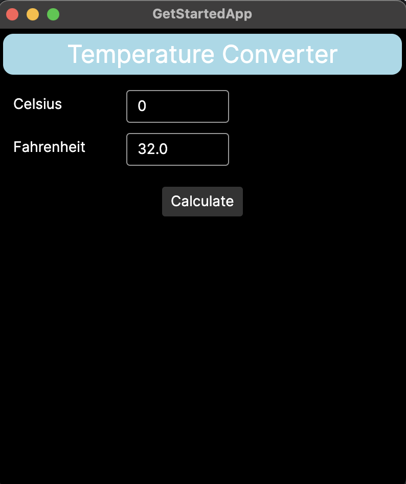 A screenshot of a completed app that converts temperatures from Celsius to Fahrenheit.