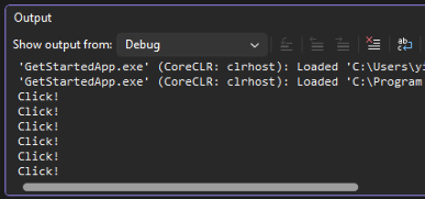 A screenshot showing the output screen in Visual Studio, with the word 'Click!' printed inside.