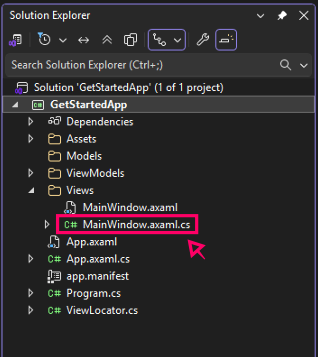 A screenshot showing the location of the main window's code-behind file in a file tree.
